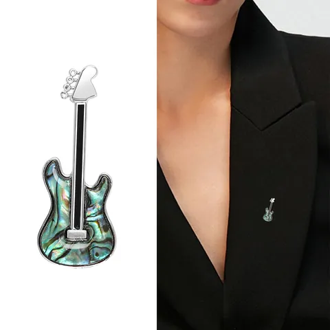 Creative Electric Guitar Brooch For Men Women Abalone Shell Inlay Alloy Lapel Pin Fashion Musical Instrument Suit Accessory
