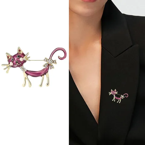 Simpatica Spilla a Forma di Gatto in Smalto Coda Lunga con Strass Animale Spilla per Donna Moda Lega Accessori Abbigliamento Regalo