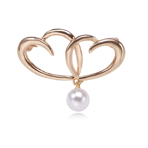 Elegante Spilla a Cuore in Lega con Strass e Pendente di Perla Artificial per Donna Placcata Oro Doppio Cuore Spilla per Risvolto Gioielli