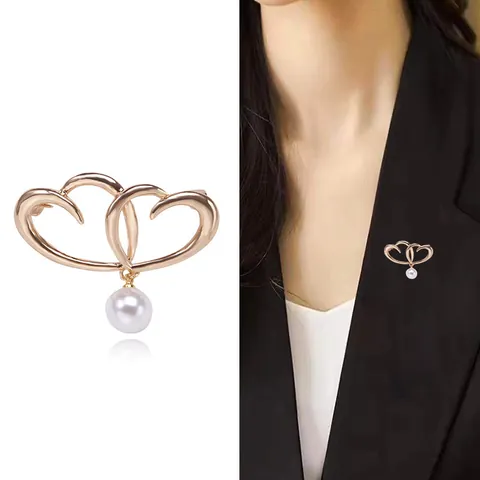 Elegante Spilla a Cuore in Lega con Strass e Pendente di Perla Artificial per Donna Placcata Oro Doppio Cuore Spilla per Risvolto Gioielli