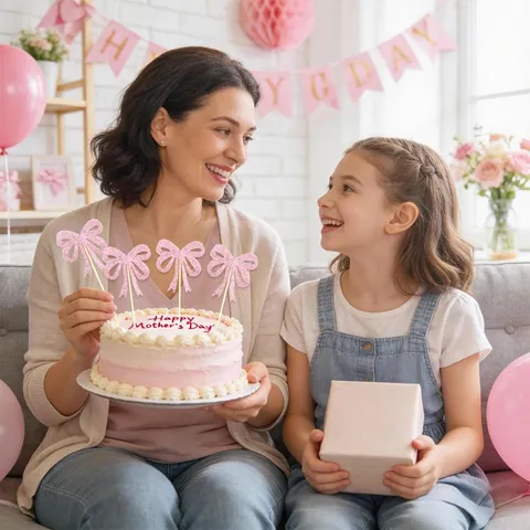 Mother's Day Cake Topper Bowknot Decoration Glitter Paper Ribbon Dessert Inserter For Party Birthday Home Atmosphere Baking Accessories