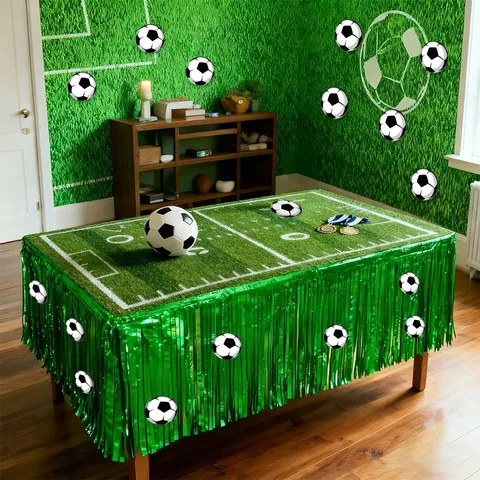 Soccer Theme Party Decoration Set Green Tinsel Foil Table Skirt Football Stickers Rain Curtains For Birthday Sports Celebration Supplies
