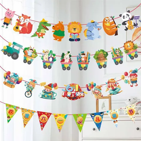 Children's Day Cartoon Paper Banner Decoration Dinosaur Animal Party Garland Classroom School Layout Hanging Ornament