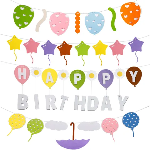 Felt Birthday Party Banner Cartoon Star Letter Hanging Garland Colorful Cake Balloon Decor For Kids First Year Celebration