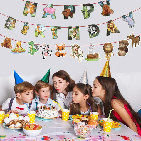 Bannière Joyeux Anniversaire Thème Animaux Dessin Animé Décorations de Fête Jungle Safari pour Enfants Maternelle Drapeau Anniversaire