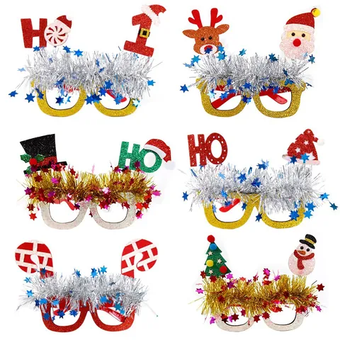 Glitter Christmas Party Glasses Frames Kids Adults Santa Claus Reindeer Snowman Christmas Tree Tinsel Decorative Eyewear Props