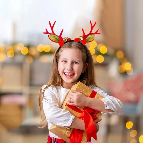 Cerchietto con Corna di Renna di Natale Con Fiocchi e Campanelle Accessori per Capelli in Tessuto e Plastica per Bambini e Adulti