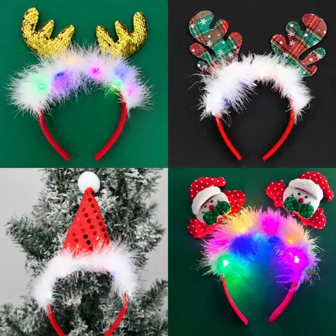LED Glowing Christmas Headband With Feather Deer Antlers Santa Claus Christmas Tree Star Party Decoration Hair Accessories