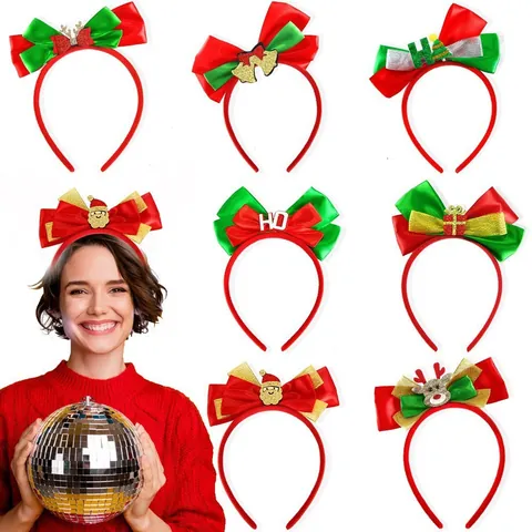Cerchietto per Capelli con Grande Fiocco di Natale in Raso Paillettes Babbo Natale Renna Albero di Natale Accessori per Capelli