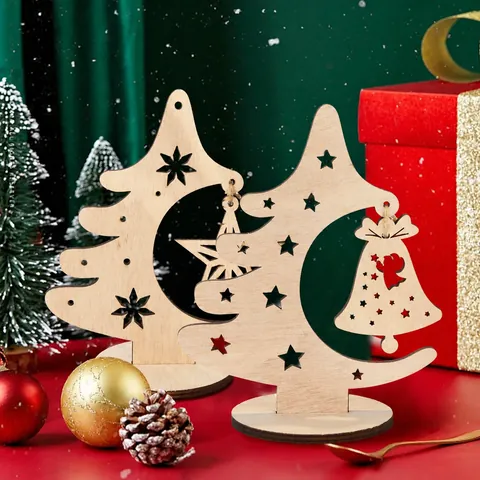 Christmas Tree Wooden Tabletop Ornament Hollow Moon Star Bell Design DIY Natural Wood Desktop Decoration For Home Office