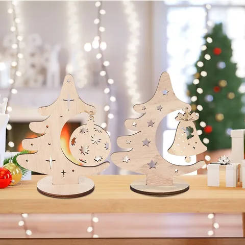 Christmas Tree Wooden Ornaments Desktop Holiday Party Decoration Hollow Star Moon Angel Bell Laser Cut Craft Table Centerpiece