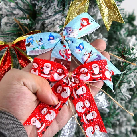 Mini Fiocchi Di Natale Per Decorazione Albero Stampa Pupazzo Di Neve Babbo Natale Nastro Con Corda Decorazione Glitterata