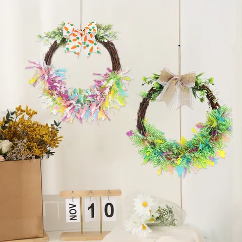 Easter Wreath Rattan Ring Burlap Bow Rabbit Carrot Decorative Garland For Front Door Home Party Spring Hanging Decoration