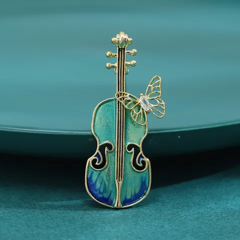 Spilla Artistica in Smalto a Violino e Farfalla Placcata Oro Rame Zircone Intarsiato Strumento Musicale Spilla per Donna Gioielli