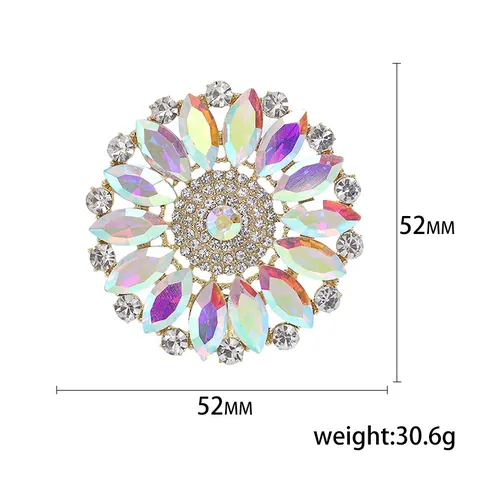 Vintage Exaggerated Round Flower Brooch With AB Colorful Glass Rhinestones Retro Alloy Pin For Women Coat Suit Dress Jewelry