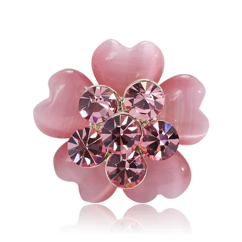 Elegant Pink Flower Brooch For Women Gold Plated Alloy Pink Rhinestone Cat Eye Stone Floral Pin For Shirt Suit Sweater Accessory