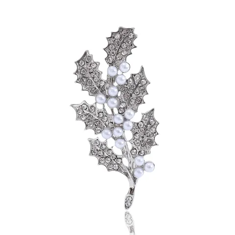 Elegante Broche de Hoja de Acebo para Mujer Aleación Perla Artificial Diamante de Imitación Broche Pin para Boda Banquete Oficina Joyería