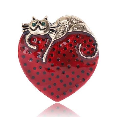 Simpatica Spilla a Cœur di Gatto in Lega Design a Fragola in Smalto Rosso Con Occhi in Strass Verdi Gioielli Vintage per Donna