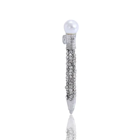 Creative Pencil Shaped Brooch Pin Alloy Rhinestone Inlaid Faux Artificial Pearl Vintage Jewelry For Women Office Suit Decoration