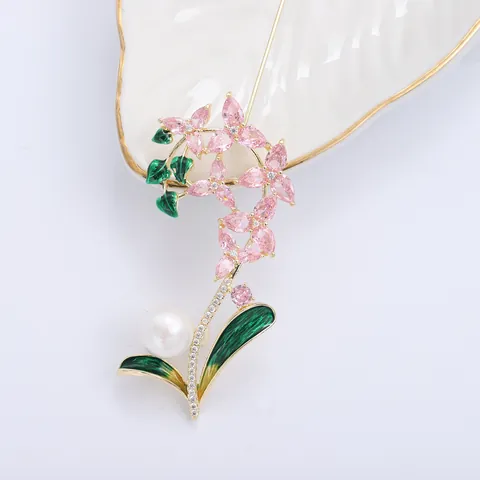 Elegant Orchid Flower Brooch For Women Gold Plated Copper Enamel Zirconia Imitation Pearl Lapel Pin Fashion Jewelry Accessory
