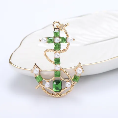 Vintage Alloy Anchor Brooch With Green Crystal White Imitation Pearl Nautical Cross Navy Style Breastpin For Women Jewelry