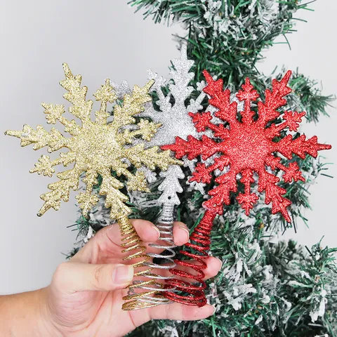Christbaumspitze Eisen Schneeflocke Stern Mit Glitter Spiralfederbasis Gold Rot Silber Weihnachtsbaum Dekoration Haus Feiertags Ornament
