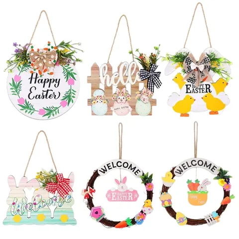 Easter Wooden Hanging Sign Rabbit Egg Chick Welcome Door Decor For Holiday Party Home Wall Decoration Wreath Sign
