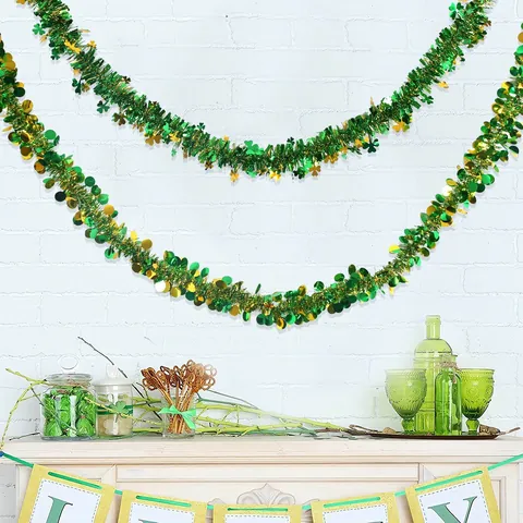 St. Patrick's Day Shamrock Sequin Tinsel Garland Gold Green Irish Festival Party Decoration Hanging Metallic Fringe For Home Celebration