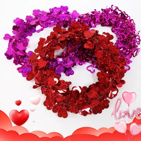 Romantic Heart Tinsel Garland Laser Hollow Heart Metallic Wire Decoration For Valentine Day Wedding Anniversary Party Venue Layout Decor