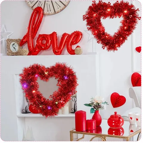 Guirnalda de Oropel en Forma de Corazón LED de San Valentín Con Lentejuelas Rojas Guirnalda Colgante Romántica para Boda Fiesta Hogar