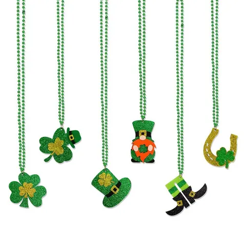St. Patrick's Day Green Bead Necklace Glitter Shamrock Leprechaun Hat Gnome Horseshoe Boot Irish Party Costume Accessory