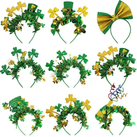 St. Patrick's Day Grün Gold Kleeblatt Haarreif Mit Leprechaun Hut Schleife Bierflasche Lametta Glitzer Haarschmuck