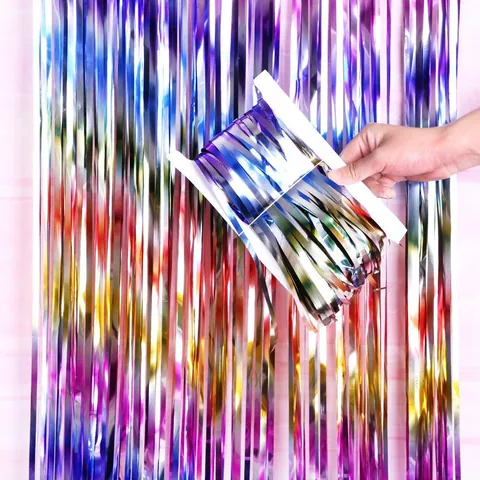 Rainbow Gradient Tinsel Curtain Foil Fringe Backdrop For Wedding Birthday Party Decoration Metallic PET Photo Booth Streamer Props