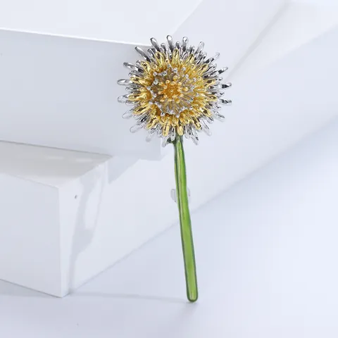 Elegant Dandelion Flower Brooch Pin For Women Alloy Metal Two-Tone Gold Silver With Green Enamel Fashion Apparel Accessories