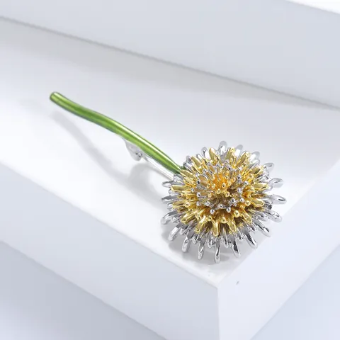 Elegant Dandelion Flower Brooch Pin For Women Alloy Metal Two-Tone Gold Silver With Green Enamel Fashion Apparel Accessories