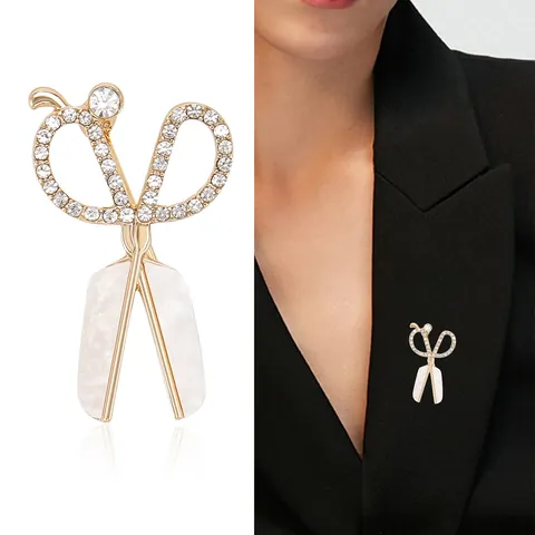 Broche de Aleación con Forma de Tijeras Creativas de Moda Con Strass e Incrustación de Nácar Accesorios de Traje Elegantes para Mujeres