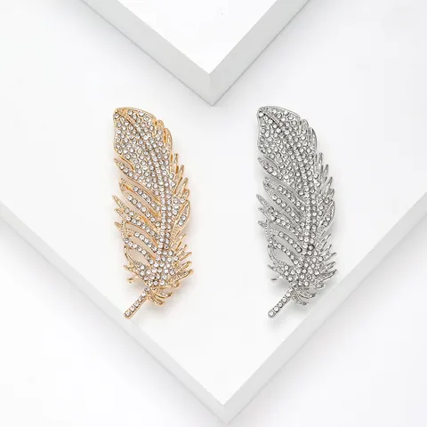 Elegante Broche de Aleación con Forma de Pluma y Strass Brillantes Chapado en Oro Plata Pin para Traje Mujer Joyería de Oficina