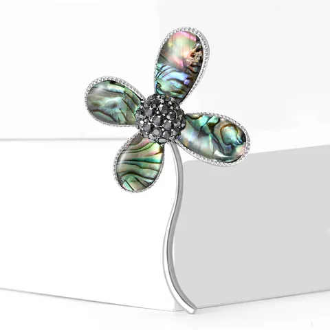 Spilla Floreale in Lega Vintage Con Conchiglia di Abulone per Donna Spilla a Fiore Cangiante Con Strass Neri Accessorio per Abbigliamento Retro