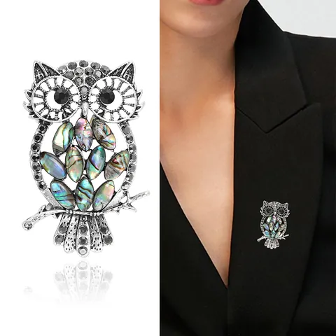 Broche de Búho Vintage para Mujer Aleación de Plata Concha de Abulón Colorida Calado Strass Animal Broche Joyería de Moda