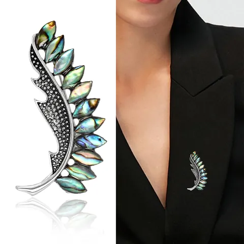 Vintage Alloy Abalone Shell Leaf Brooch Pin For Women Silver Plated Feather Suit Lapel Pin Fashion Jewelry Accessory Gift