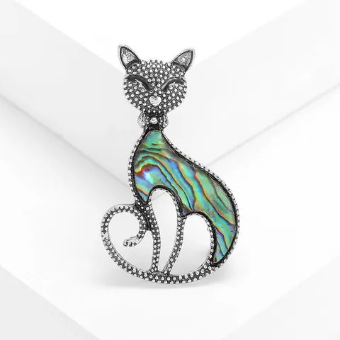 Broche de Gato de Aleación Vintage Con Incrustaciones de Concha de Abulón Natural Plata Retro Accesorio para Mujer