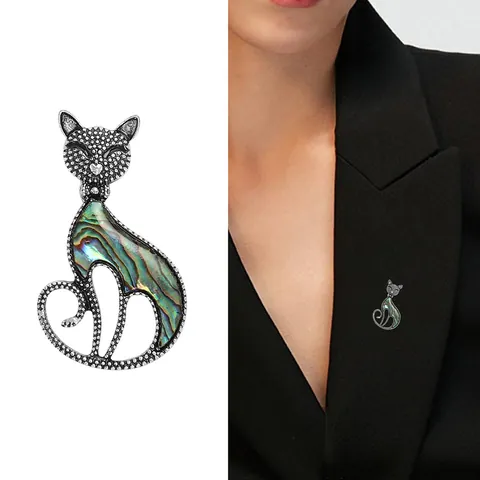 Broche de Gato de Aleación Vintage Con Incrustaciones de Concha de Abulón Natural Plata Retro Accesorio para Mujer