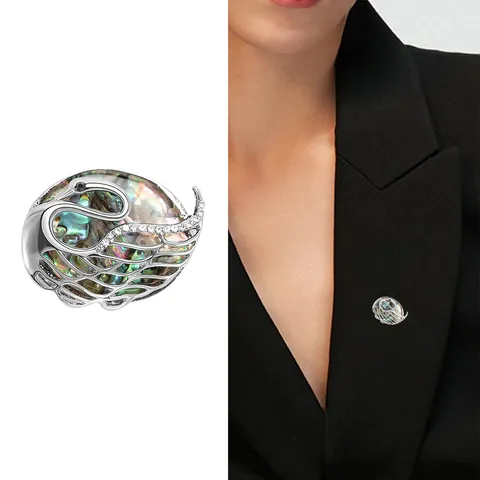 Spilla a Forma di Cigno in Conchiglia di Abulone Vintage Lega Zirconia Tono Argento Animale Moda Gioielli per Donna Accessori