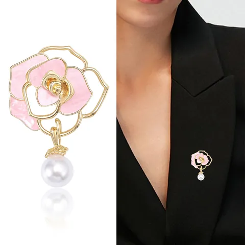 Elegant Alloy Camellia Flower Brooch Pin With Pearl Pendant Enamel Shell Texture Fashion Women Clothing Accessories Jewelry