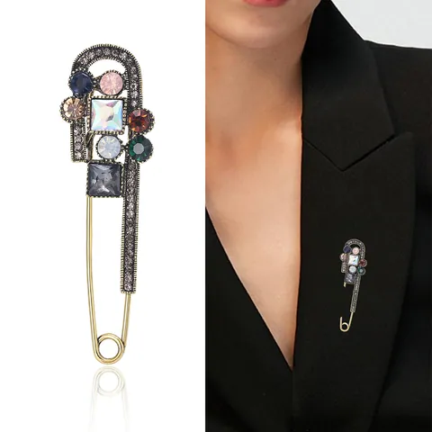 Broche de Alfiler de Gancho Grande de Aleación Vintage con Diamantes para Mujer Oro Plata Envejecido Alfiler de Solapa Decorativo