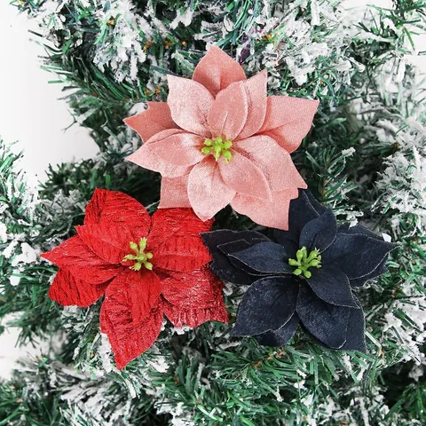 Artificial Christmas Poinsettia Flowers For Christmas Tree Decoration Velvet Glitter Simulation Flowers For Holiday Home Party Layout Ornaments