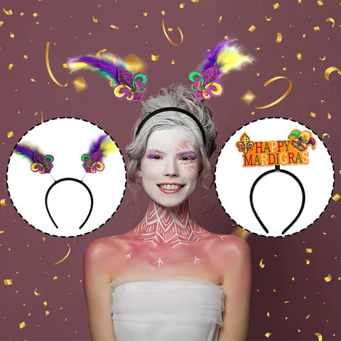Serre-têtes de Fête Carnaval Mardi Gras Avec Plumes Paillettes Couronne Fleur de Lys Inscription Happy Mardi Gras Accessoires de Cheveux Bal Masqué