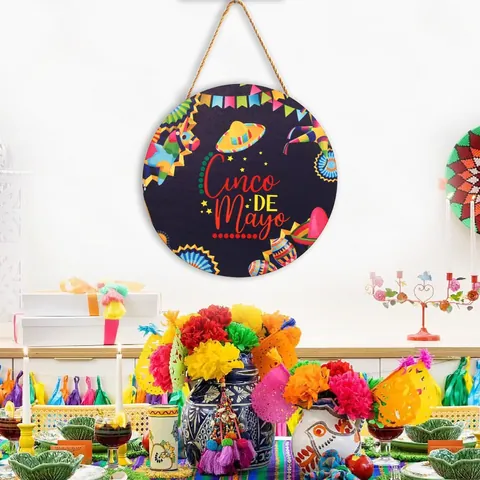 Targa Appesa in Legno Rotonda Messicana Cinco De Mayo Decorazione per Festa Sombrero Chili Pinata Benvenuto Targa per Porta Ornamento Casa