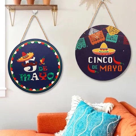 Targa Appesa in Legno Rotonda Messicana Cinco De Mayo Decorazione per Festa Sombrero Chili Pinata Benvenuto Targa per Porta Ornamento Casa