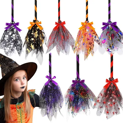 Halloween Witch Broom With Detachable Handle Mesh Tulle Decor For Masquerade Party Cosplay Costume Props Festive Ornament